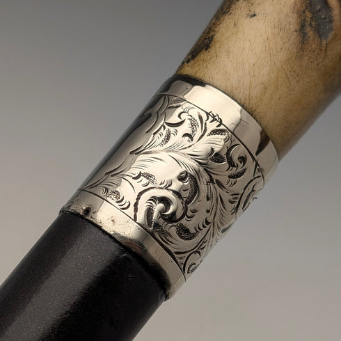 Circa 1900 British antique black shaft L-shaped antler handle walking stick 75cm